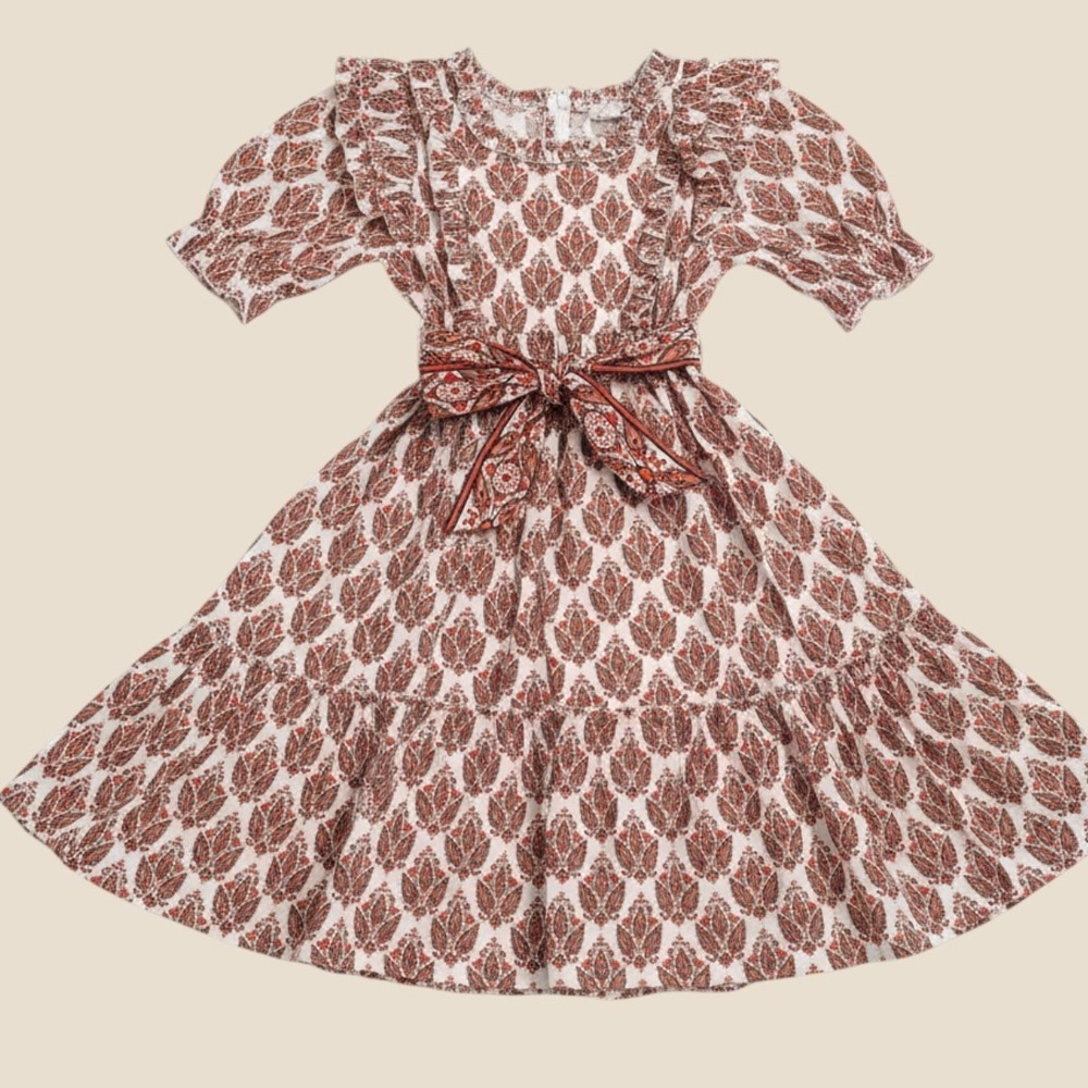 A Loves A Girls Paisley Tiered Midi Dress Red Orange Cotton Smocked Back Size M